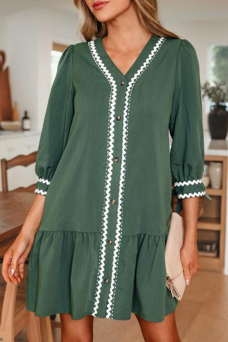 Contrast Ric Rac Trim Button V-Neck Shift Dress | S-XL