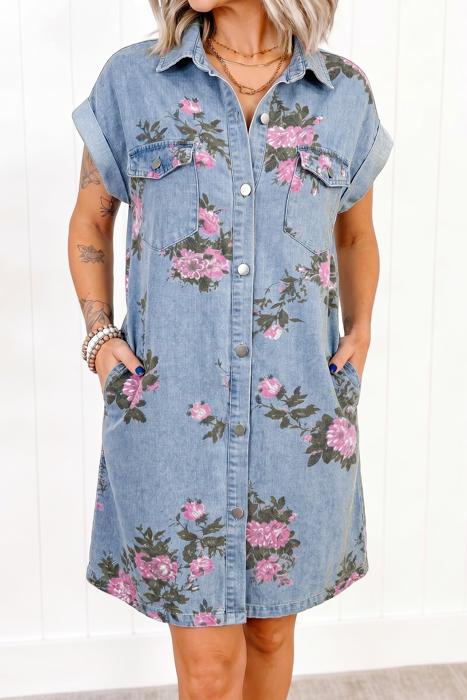 Floral Print Denim Button-Down Shift Dress | S-XL