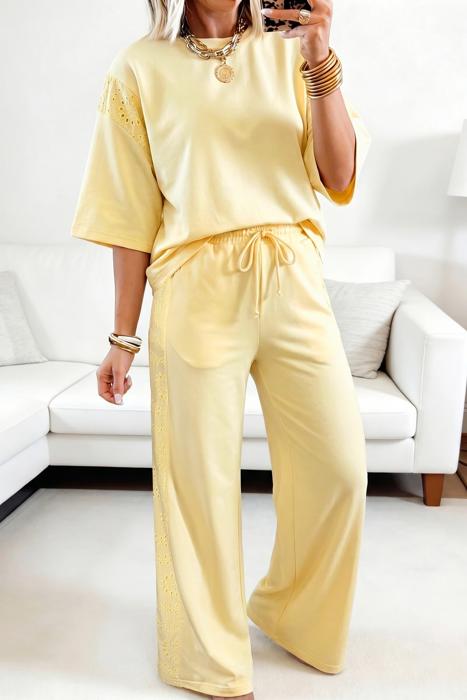 Lace Patchwork Top & Elastic Waist Pants Set | S-XL