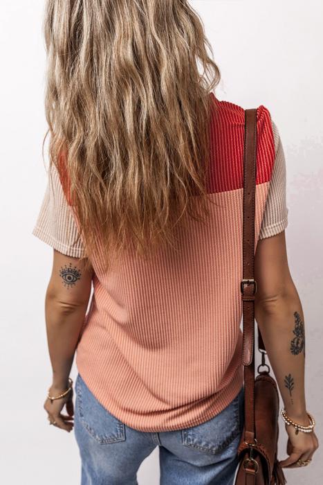 Rib Textured Colorblock Short Sleeve Top | S-XL