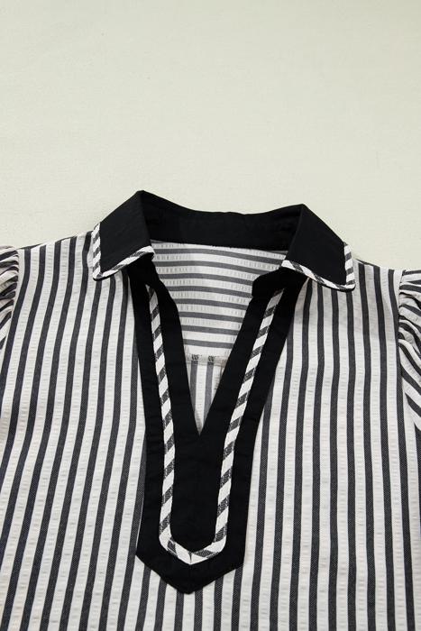 Classic Stripe Collared Bubble Sleeve Blouse | S-XL