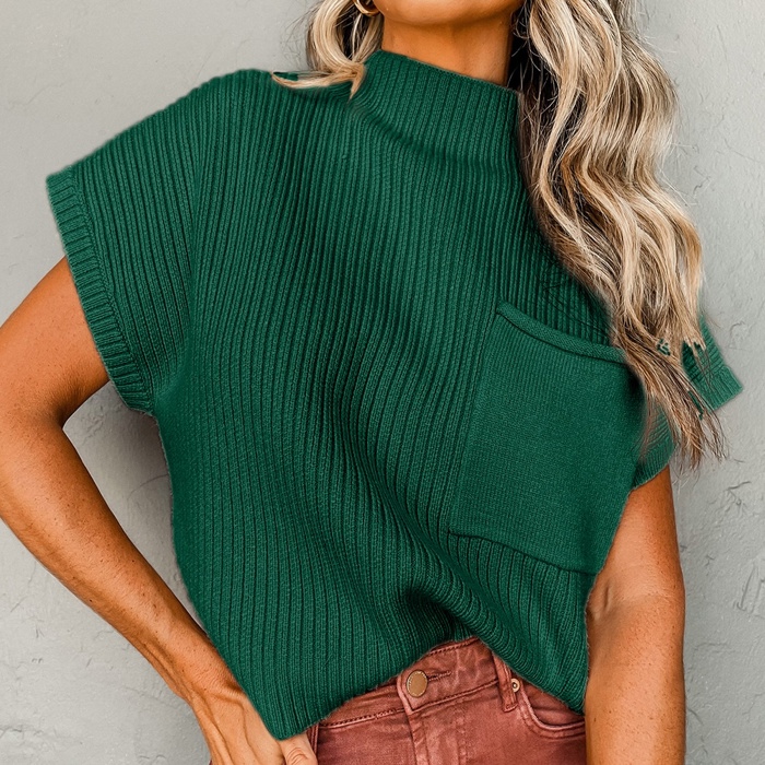 Pocket Ribbed Knit Short Sleeve Sweater | S-XL