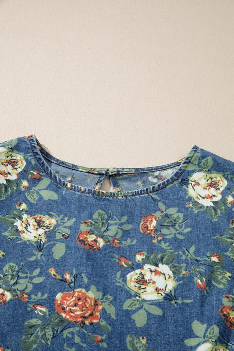 Casual Floral Denim Puff Sleeve Top | S-XL