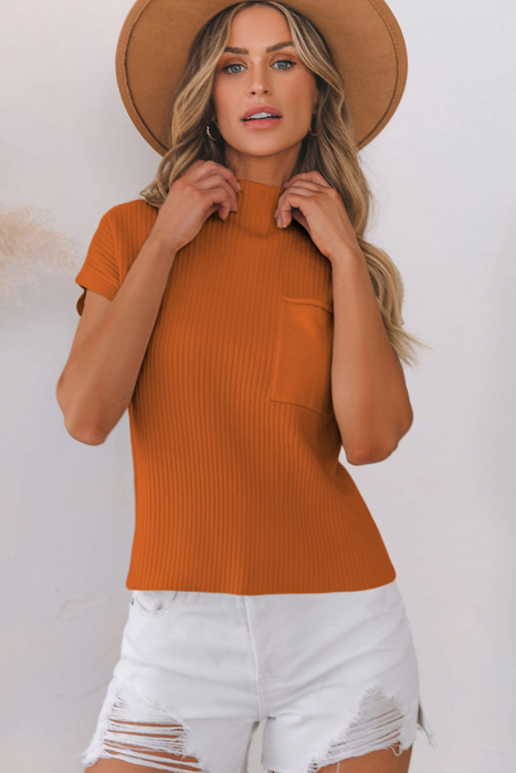 Pocket Ribbed Knit Short Sleeve Sweater | S-XL