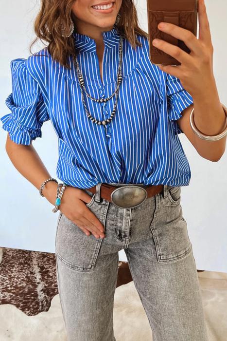Short Puff Sleeve Stripe Ruffle Blouse | S-XL