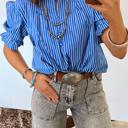  Short Puff Sleeve Stripe Ruffle Blouse | S-XL