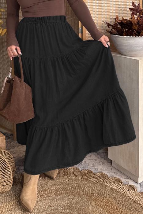 Ruffled Hem Tiered Denim Maxi Skirt | S-XL