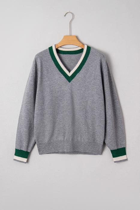 Contrast Striped Trim V Neck Varsity Light Sweater | S-XL