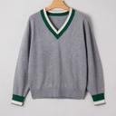  Contrast Striped Trim V Neck Varsity Light Sweater | S-XL