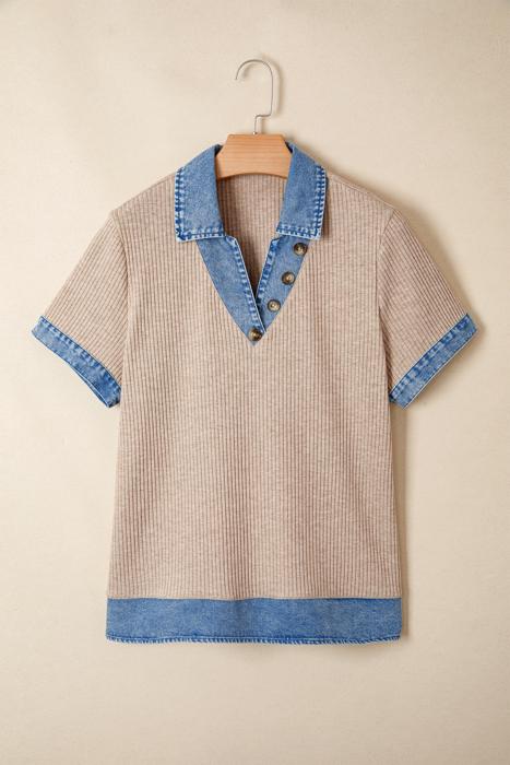 Ribbed Knit Denim Color Block Collared Blouse | S-XL