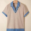  Ribbed Knit Denim Color Block Collared Blouse | S-XL