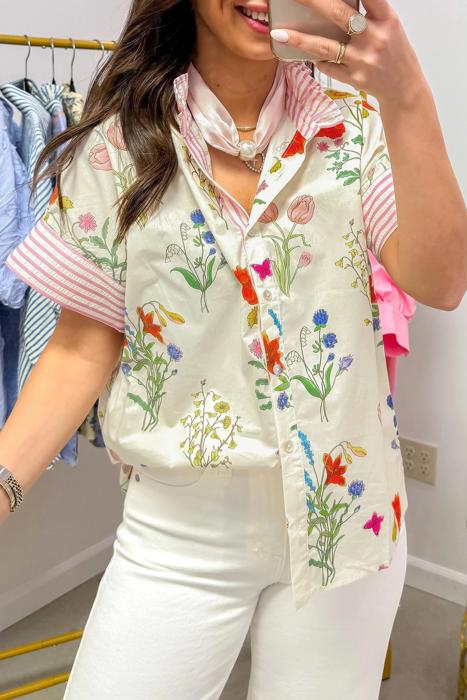 Floral Striped Patchwork Ruffled Collar Shirt | S-XL