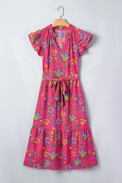 Belted Floral Flutter Sleeve Long Dress | S-XL