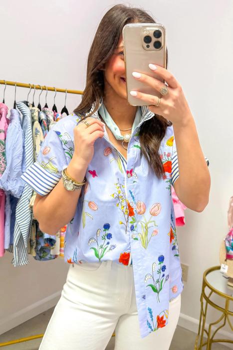 Floral Striped Patchwork Ruffled Collar Shirt | S-XL