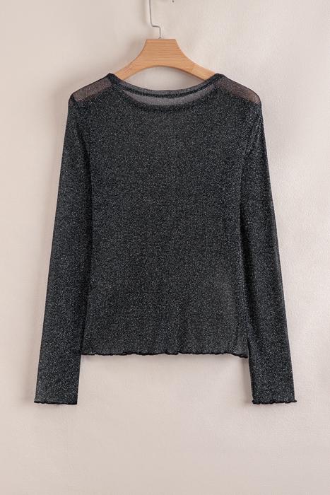 Metallic Shimmer Mesh Long Sleeve Blouse | S-XL