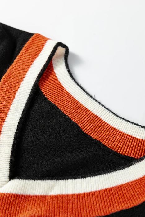 Contrast Striped Trim V Neck Varsity Light Sweater | S-XL