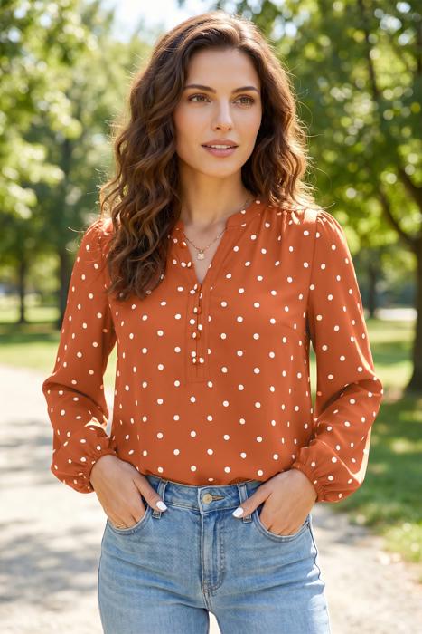 Classic Polka Dot V-Neck Buttoned Blouse | S-XL
