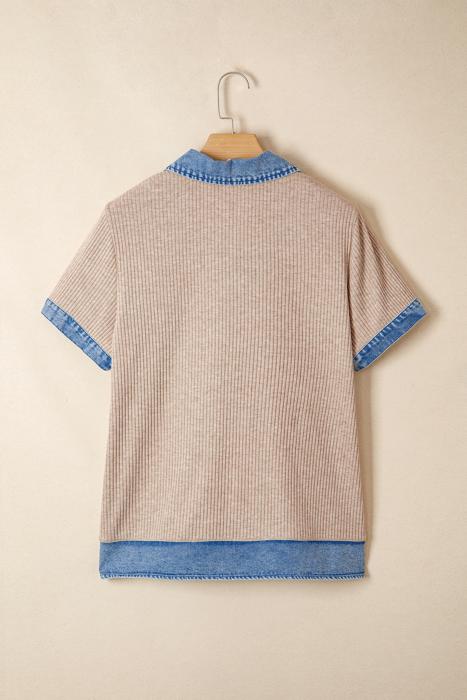 Ribbed Knit Denim Color Block Collared Blouse | S-XL