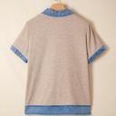  Ribbed Knit Denim Color Block Collared Blouse | S-XL