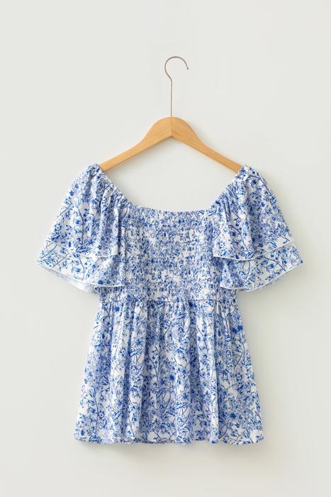Floral Square-Neck Ruffle Sleeve Blouse | S-XL