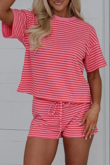 Striped Knit T-Shirt & Elastic Waist Shorts Set | S-XL
