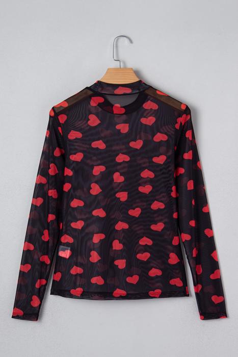 Valentines Heart Printed Sheer Mesh Long Sleeve Top | S-XL