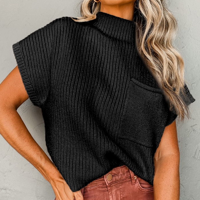 Pocket Ribbed Knit Short Sleeve Sweater | S-XL