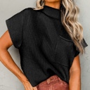 XL Black Pocket Ribbed Knit Short Sleeve Sweater | S-XL