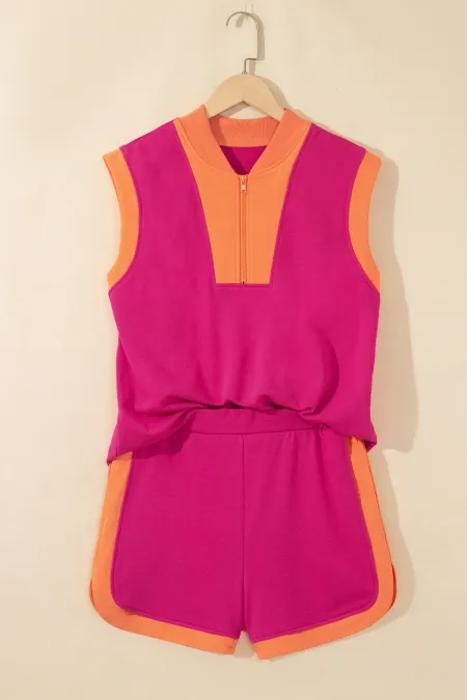 Colorblock Half-Zip Athleisure Shorts Set | S-XL