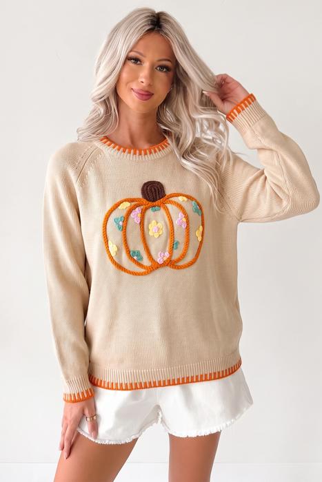Pumpkin Embroidered Long Sleeve Sweater | S-XL