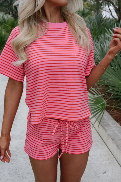 Striped Knit T-Shirt & Elastic Waist Shorts Set | S-XL
