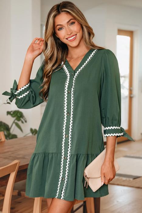 Contrast Ric Rac Trim Button V-Neck Shift Dress | S-XL