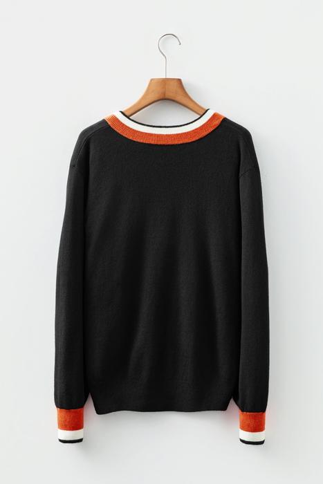 Contrast Striped Trim V Neck Varsity Light Sweater | S-XL