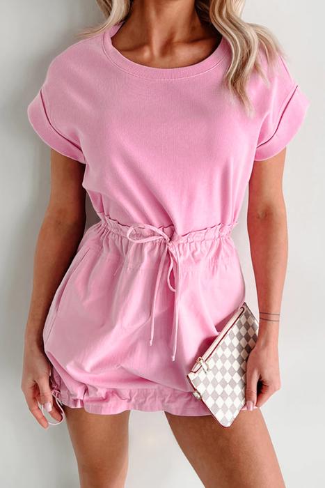 Cuffed Sleeve Patchwork Drawstring Mini Dress | S-XL