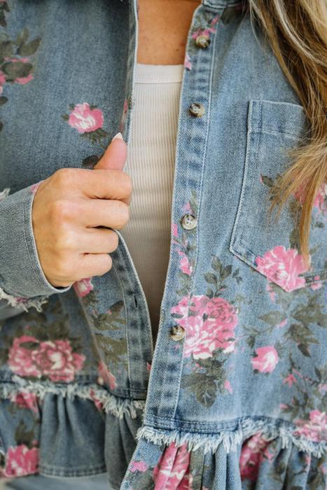 Floral Print Ruffle Hem Denim Jacket | S-XL