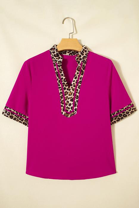 Leopard Patchwork Split Neck Blouse | S-XL