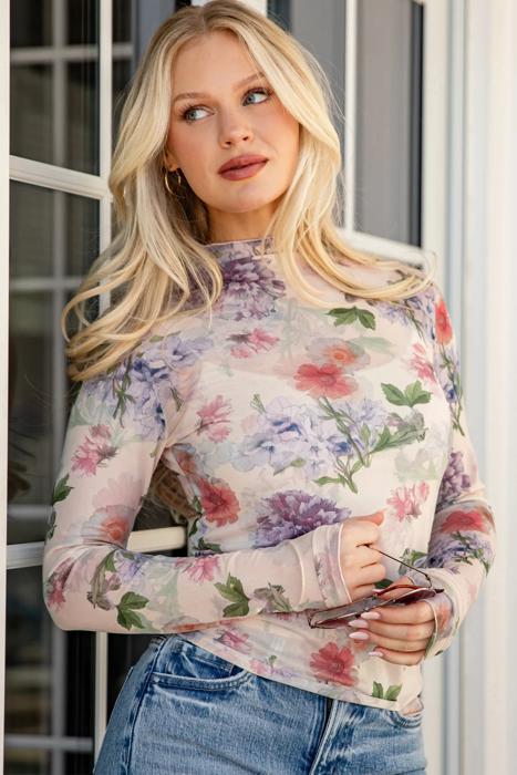 Floral Mesh Fitted Long Sleeve Top | S-XL