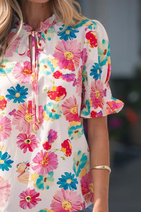 Floral Tie V-Neck Puff Sleeve Top | S-XL