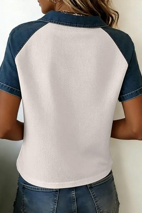 Textured Color Block Denim Patchwork Polo Shirt | S-XL