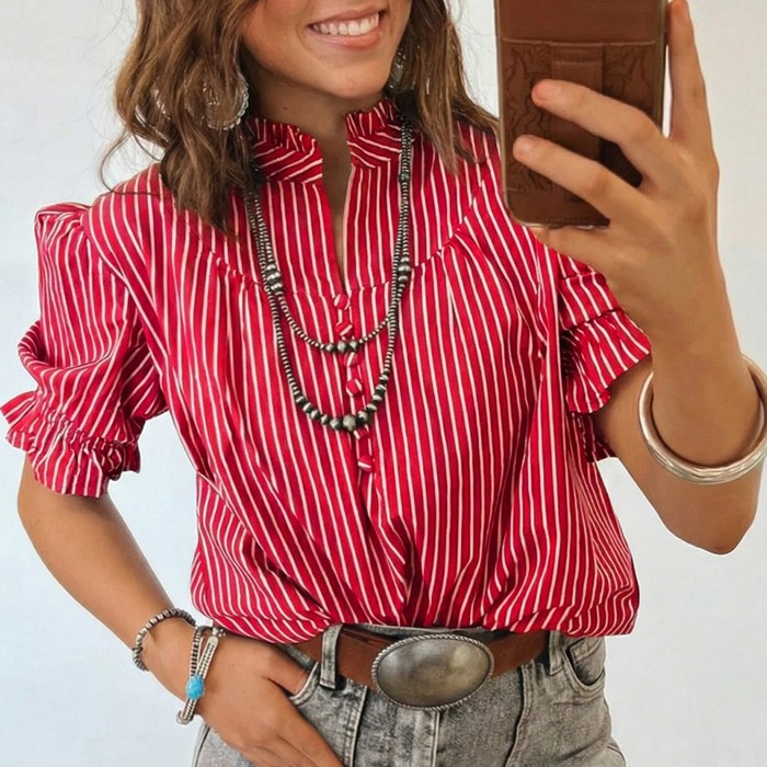 Short Puff Sleeve Stripe Ruffle Blouse | S-XL