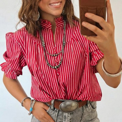Short Puff Sleeve Stripe Ruffle Blouse | S-XL