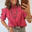  Short Puff Sleeve Stripe Ruffle Blouse | S-XL
