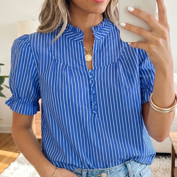 Short Puff Sleeve Stripe Ruffle Blouse | S-XL