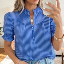 Small Blue Short Puff Sleeve Stripe Ruffle Blouse | S-XL