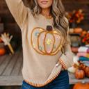 Small Parchment Pumpkin Embroidered Long Sleeve Sweater | S-XL