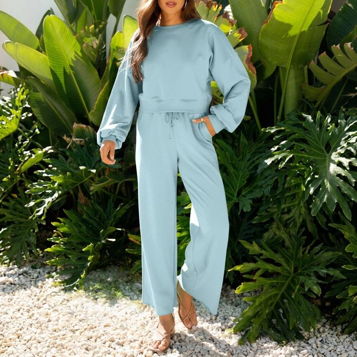 Drop Shoulder Puff Sleeve Cropped Pullover Pants Set | S-XL