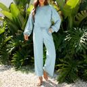 Small Mist Blue Drop Shoulder Puff Sleeve Cropped Pullover Pants Set | S-XL