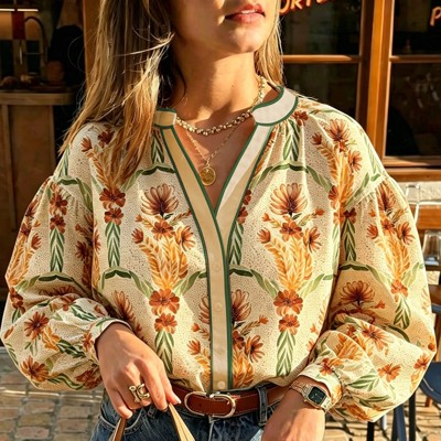 Floral Print Long Sleeve V-Neck Shirt | S-XL