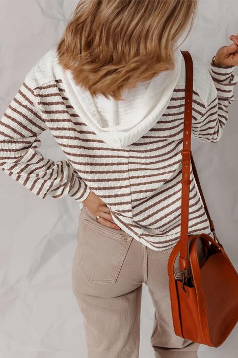 Striped Textured Hooded V-Neck Long Sleeve Top | S-XL
