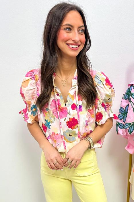 Floral Tie V-Neck Puff Sleeve Top | S-XL